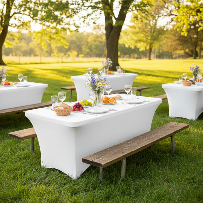 Rectangular 6 FT Spandex Table Cover - White in Outdoor Reception.