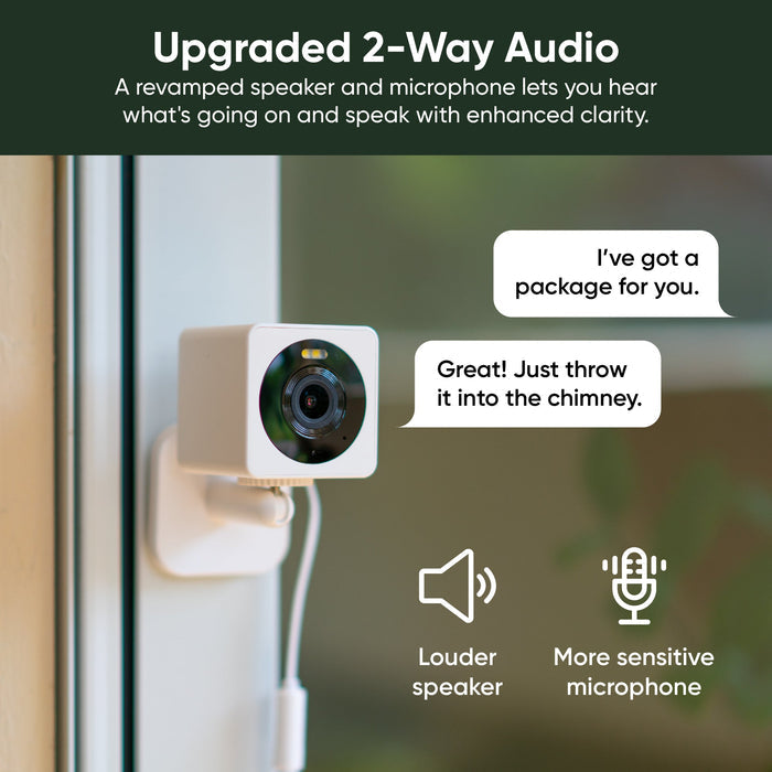 A refurbished Wyze Cam OG speaker and microphone that lets you hear what's going on and speak with enhanced clarity.