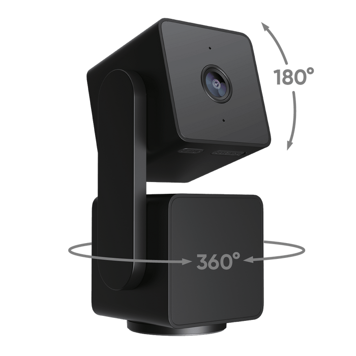 Wyze Cam Pan v3 in a close-up view, showing the 360 pan and 180 tilt capabilities.