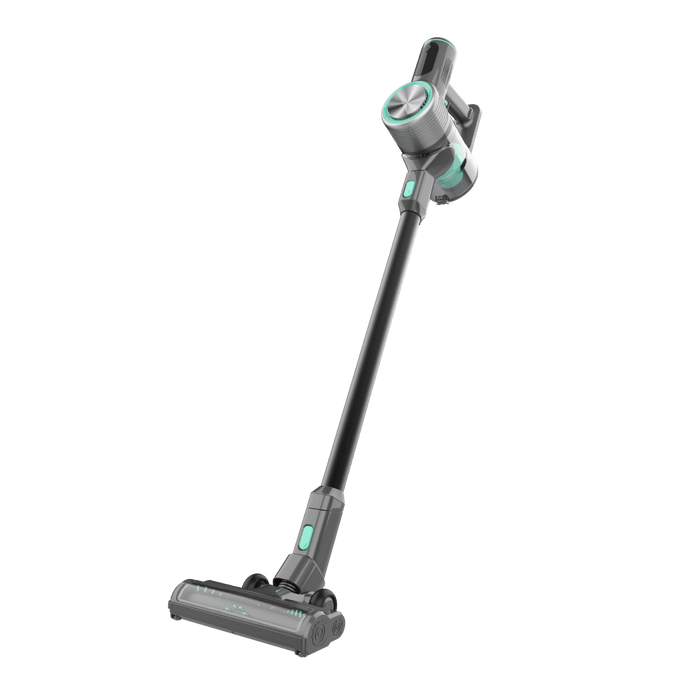 A refurbished Wyze cordless vacuum cleaner with a green handle.
