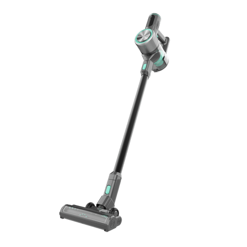 A refurbished Wyze cordless vacuum cleaner with a green handle.