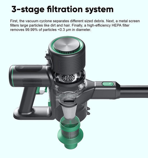 A refurbished Wyze Cordless Vacuum (First Generation) is shown in a side view.
