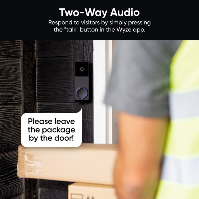 Two-way audio doorbell with dual camera views for people and packages.