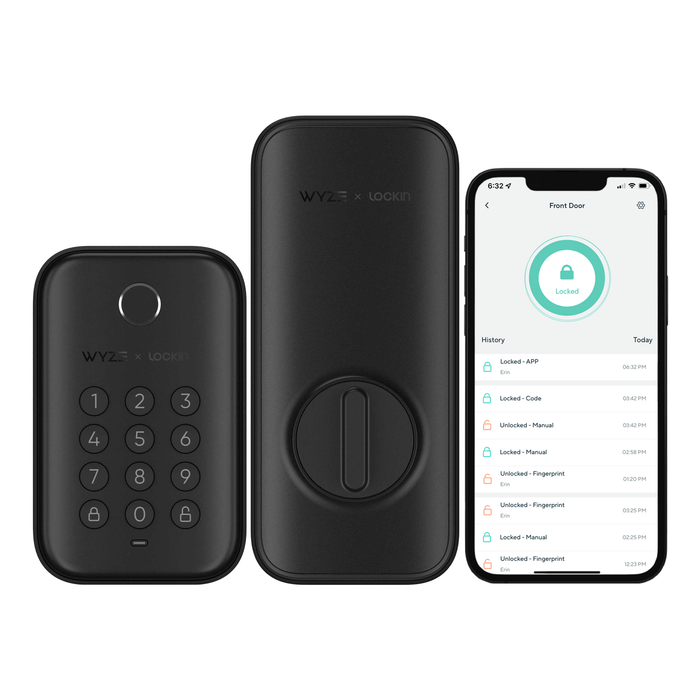 A black Wyze Lock Bolt is shown next to a smartphone.