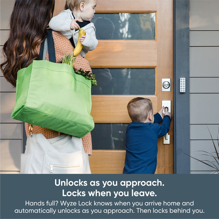 Unlocks as you approach. Wyze Lock knows when you leave. Hands full? Wyze Lock knows when you arrive.