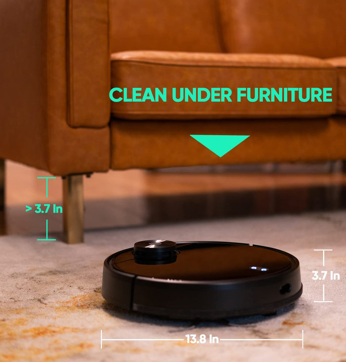 A Wyze refurbished robot vacuum on a carpeted floor.