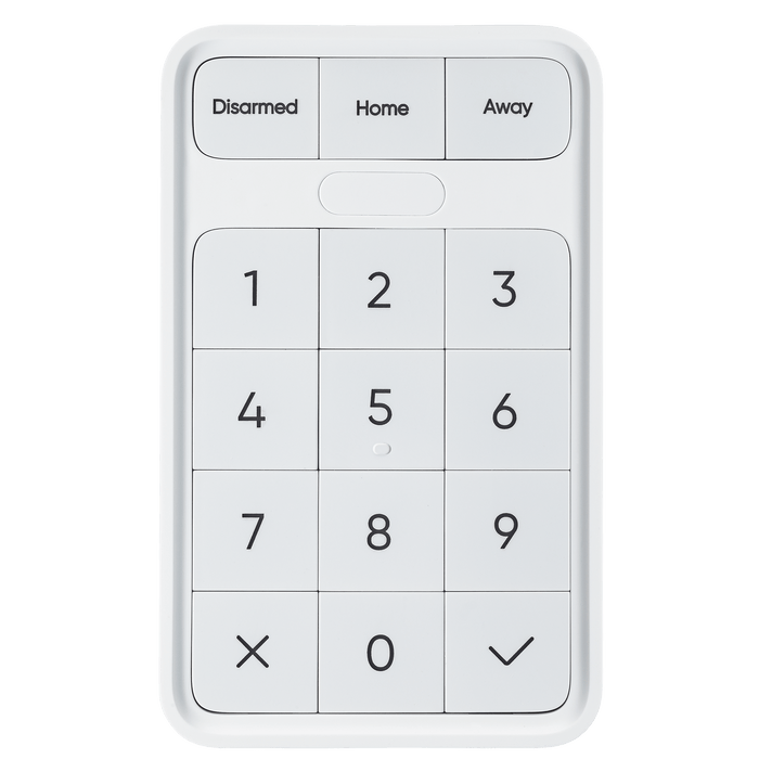 A white keypad that allows for remote disarming of home security systems.