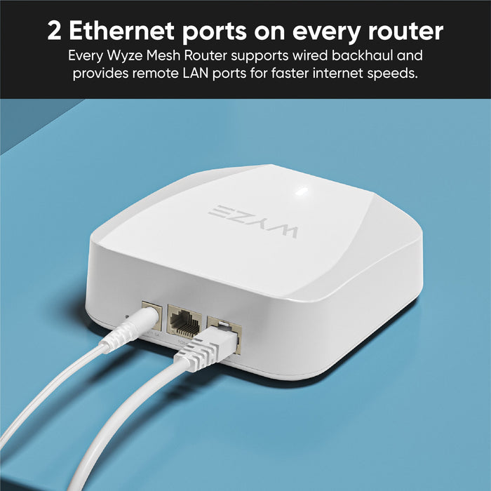 The Wyze Wi-Fi 6 Mesh Router is shown on a blue table.