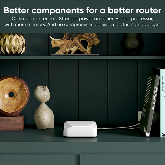 Wyze Wi-Fi 6 Mesh Router displayed on a shelf.