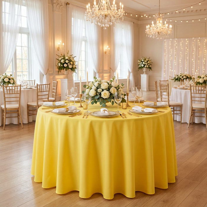 Canary Yellow Round Premium Polyester Tablecloth Size: 132 in | Wedding | Event | Wholesale by CV Linens