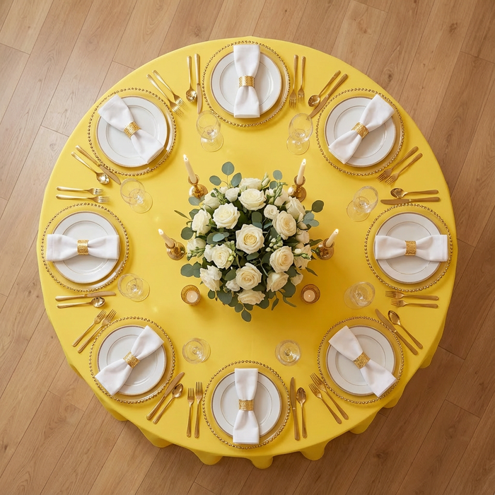 Canary Yellow Round Premium Polyester Tablecloth Size: 132 in | Wedding | Event | Wholesale by CV Linens