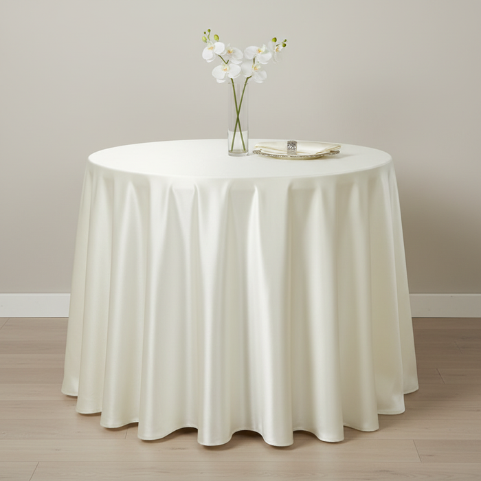 Satin-108-Round-Tablecloth-Ivory with gold trimmed charger plate | white napkin | napkin ring