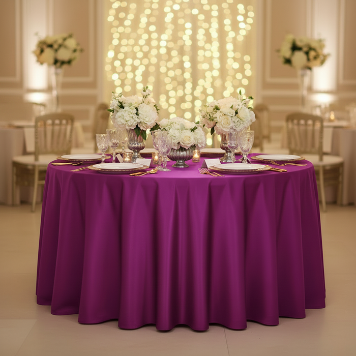 Satin 132" Round Tablecloth - Magenta Violet | charger plate | dinner plate | wine goblet |