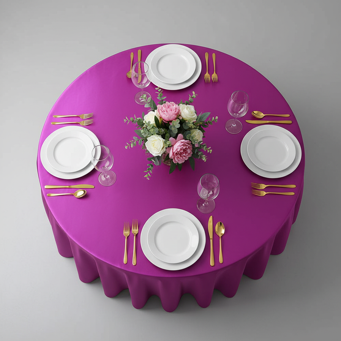 Satin 132" Round Tablecloth - Magenta Violet | charger plate | dinner plate | wine goblet |