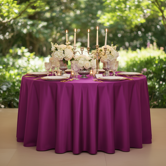 Satin 132" Round Tablecloth - Magenta Violet | charger plate | dinner plate | wine goblet |