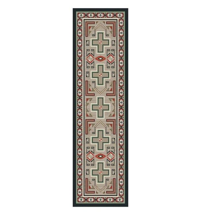 Red, tan, black, orange, beige western runner rug. Made in the USA. Your Western Decor, LLC