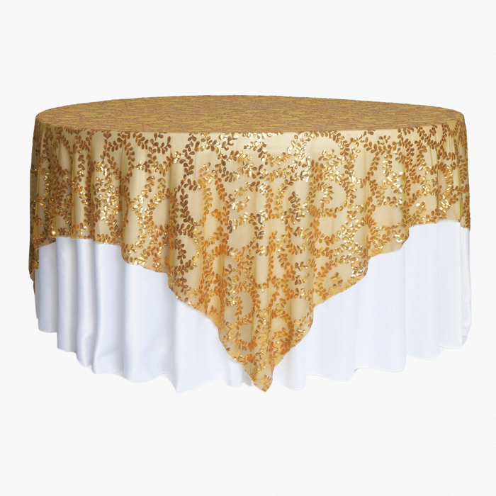 Sequin Vine Table Overlay Topper 90"x90" Square  - Gold