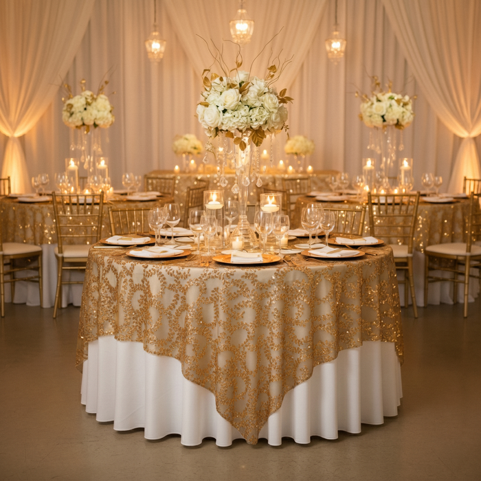 Sequin Vine Table Overlay Topper 90"x90" Square  Gold over a round table for wedding reception