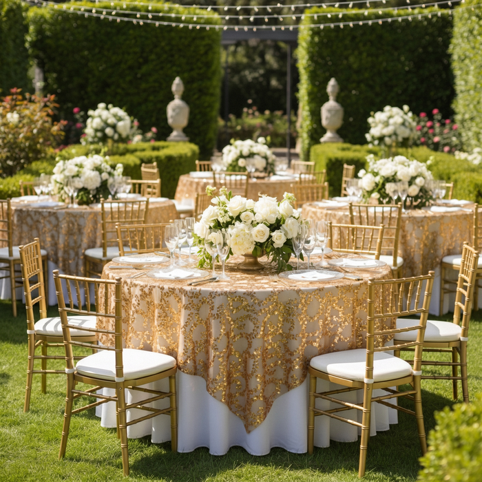 outdoor reception with the Sequin Vine Table Overlay Topper 90"x90" Square  Gold, white floral centerpieces and gold chiavari chairs