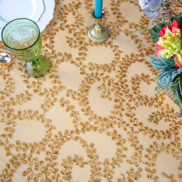 Sequin Vine Table Overlay Topper 90"x90" Square Gold close up