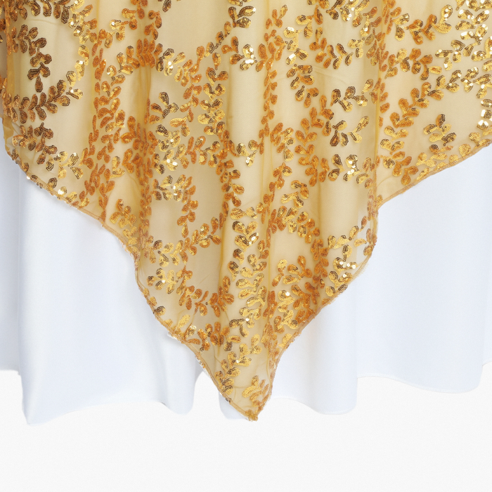 Sequin Vine Table Overlay Topper 90"x90" Square Gold corner close up