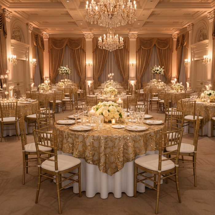 Sequin Vine Table Overlay Topper 90"x90" Square Gold - Wedding Reception