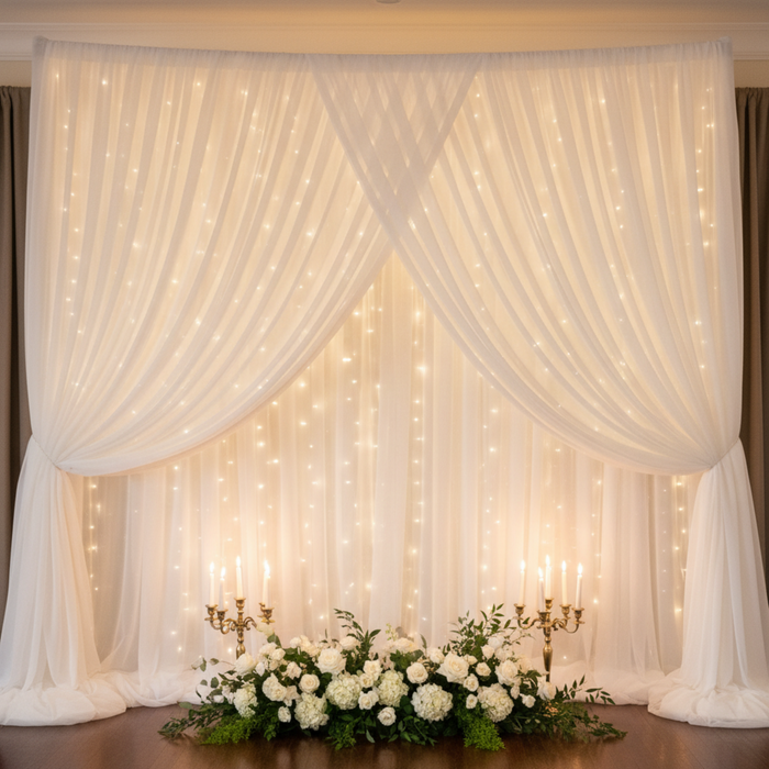 Ivory sheer voile drape indoor wedding reception