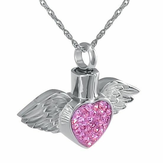 Small/Keepsake 1/4 Cubic Inch Pink Crystal Angel Wings Pendant Cremation Urn