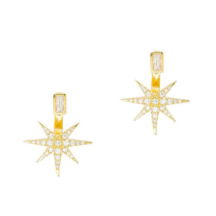 Gold starburst earring jackets with baguette crystal detailing on white background