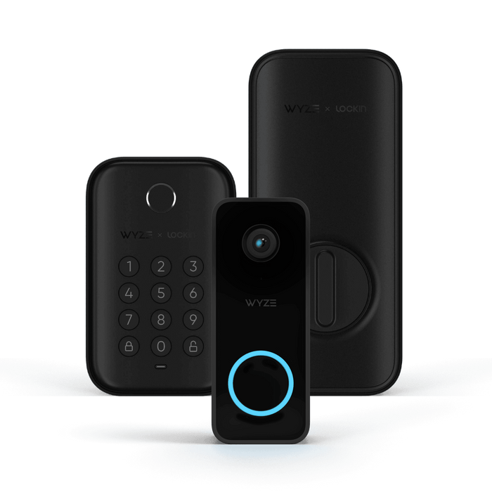 A black and blue security device with a blue keypad.