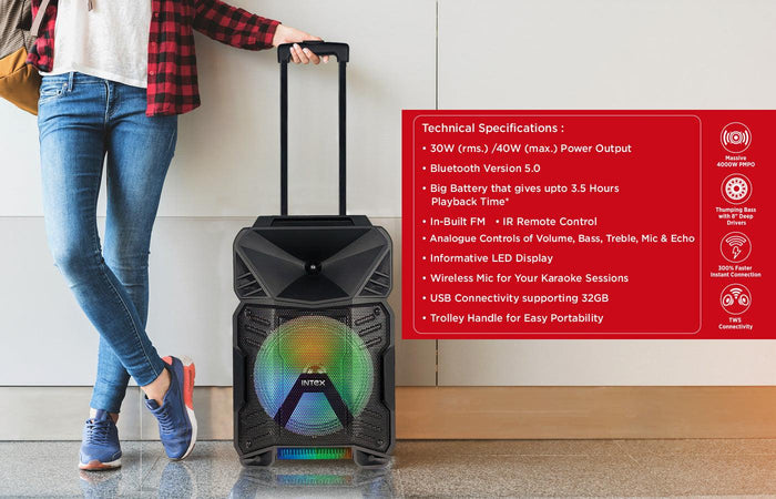 Intex T-300 Pro 30W Portable Bluetooth v5.0 Trolley Speaker - Intex Technologies