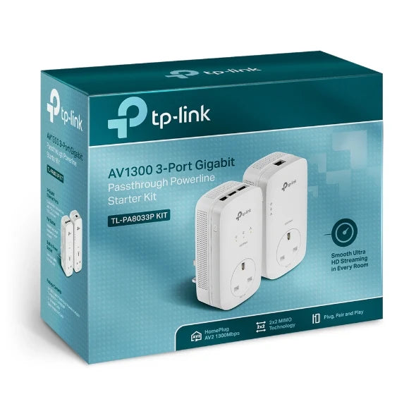 TP Link AV1300 3-Port Gigabit Passthrough Powerline Starter Kit | TL-PA8033PKIT