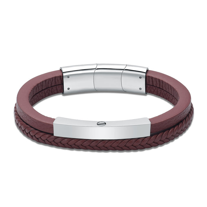 Triple Band Brown & Silver Leather Bracelet - IUBR202