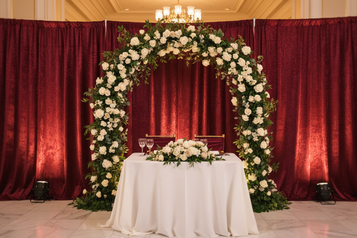 sweetheart table with Velvet 12ft H x 52" W Drape/Backdrop Curtain Panel - Cabernet