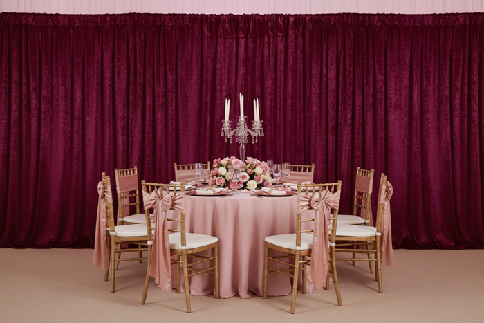 quinceañera setup with Velvet 12ft H x 52" W Drape/Backdrop Curtain Panel - Cabernet