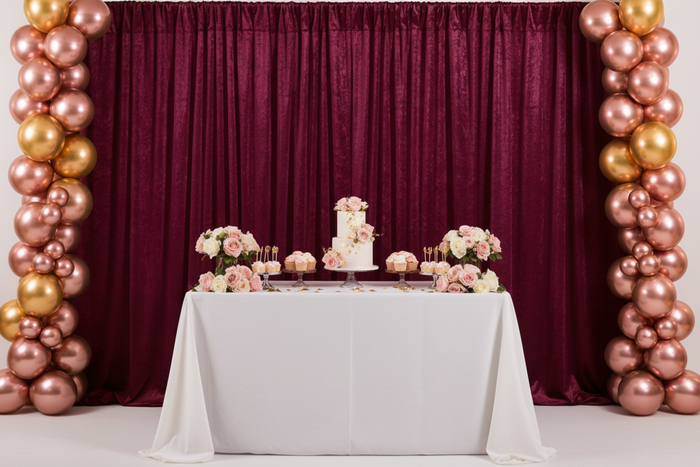 birthday setup with Velvet 12ft H x 52" W Drape/Backdrop Curtain Panel - Cabernet