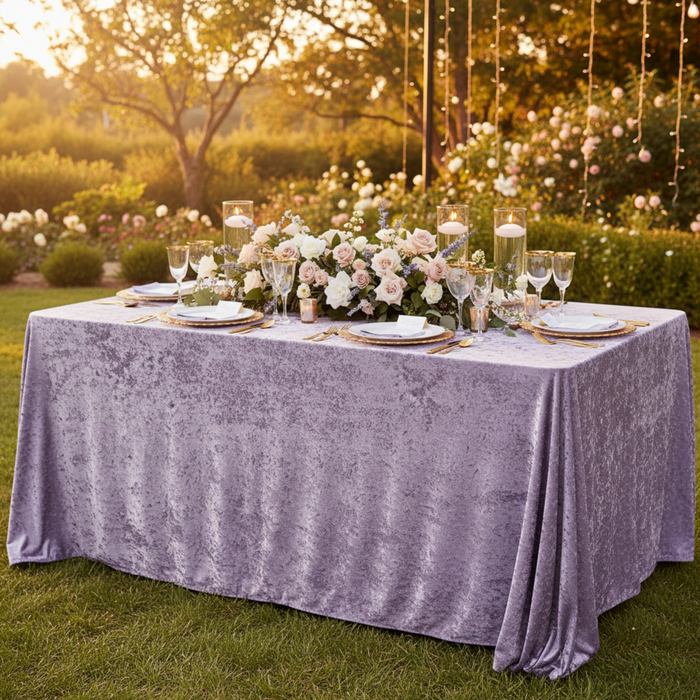 Outdoor Wedding Reception with 90x156 Victorian Lilac/Wisteria Velvet Tablecloth