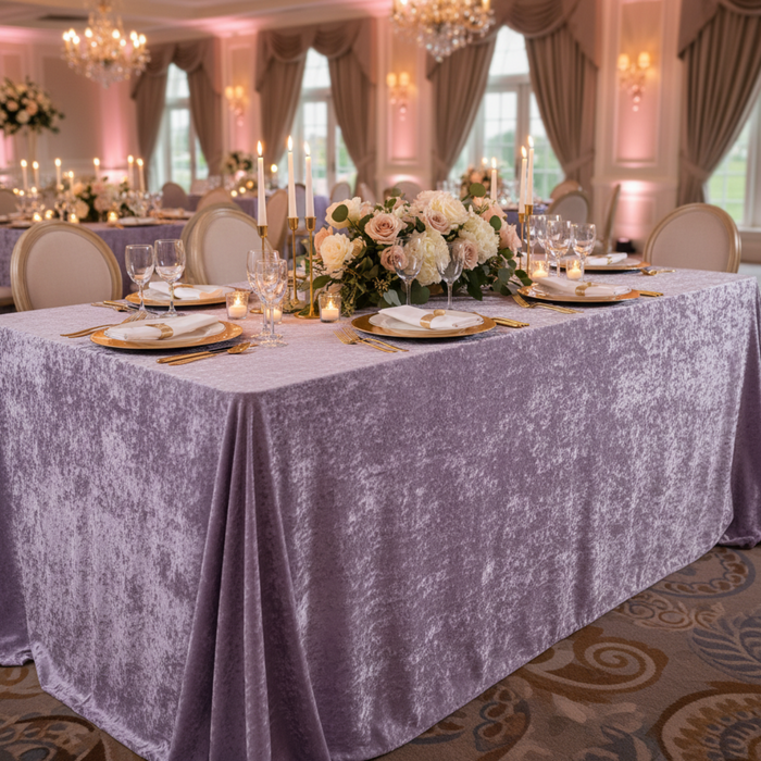 Indoor Wedding Reception with 90x156 Victorian Lilac/Wisteria Velvet Tablecloth