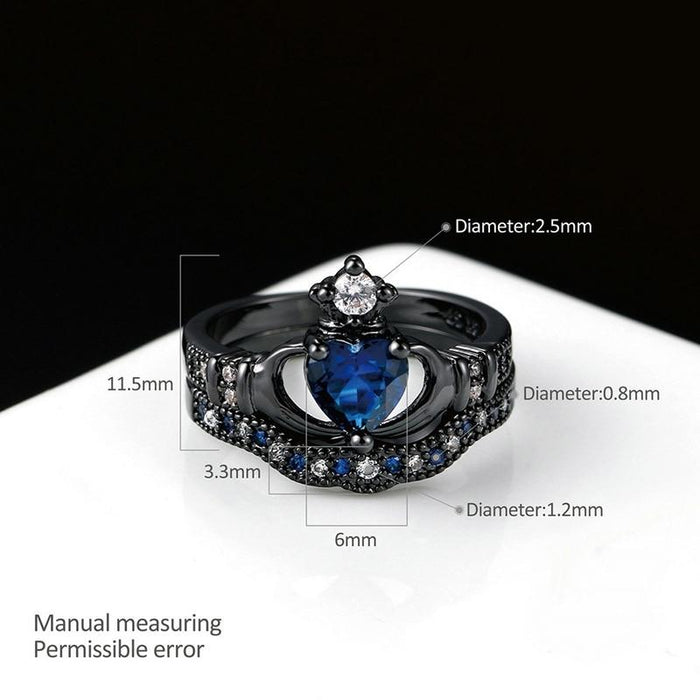 Wedding rings set his and hers-Couples Ring Set Clear Black & Blue Zirconia