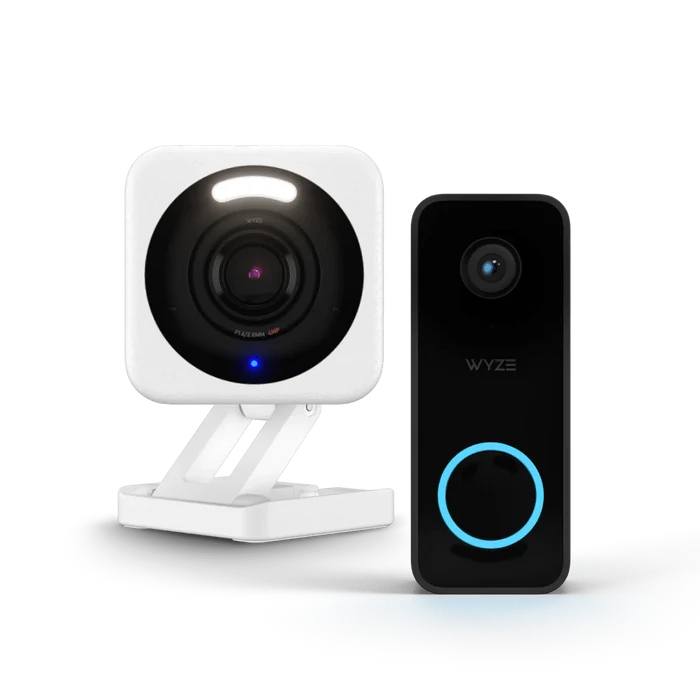 A white camera with a blue circle on it.