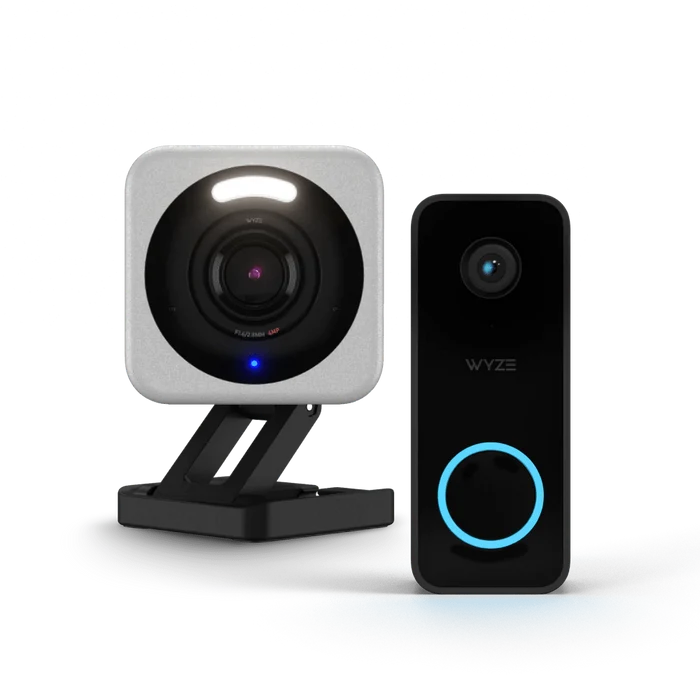 A black camera with a blue circle on it.