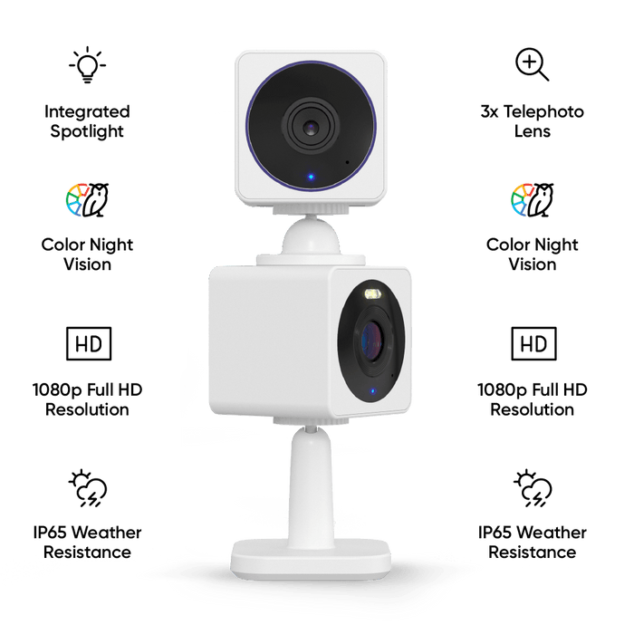 Wyze Cam OG Starter Pack Bundle: Two Wyze Cams in One, Includes Telephoto Lens, Stack Kit, and MicroSD cards.
