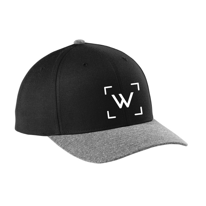 A black and gray cap with a white W on it.