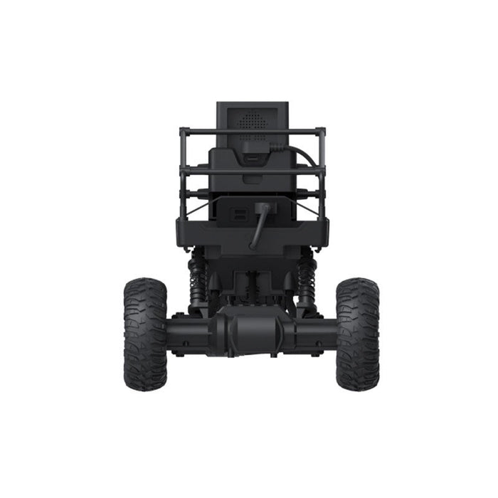 A black four-wheeler with a power bank.