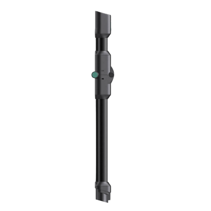 A black cordless vacuum with a foldable tube.