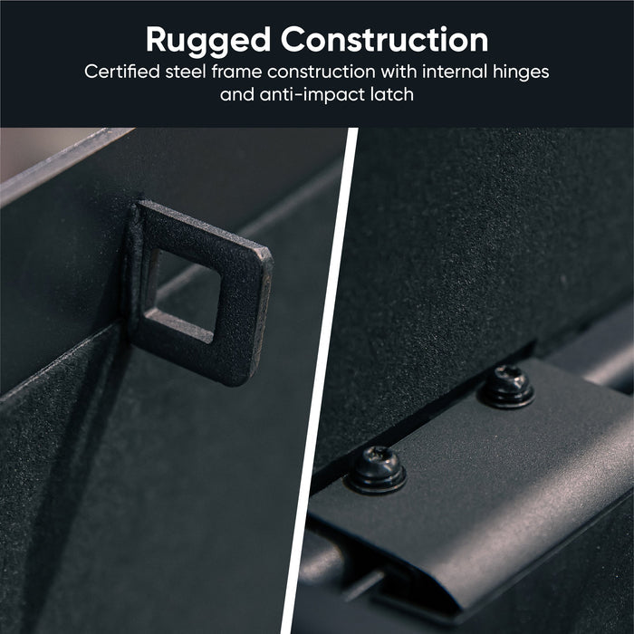 Rugged construction with certified steel frame construction and internal hinges.