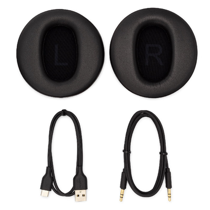 A black headphone with a black cord.