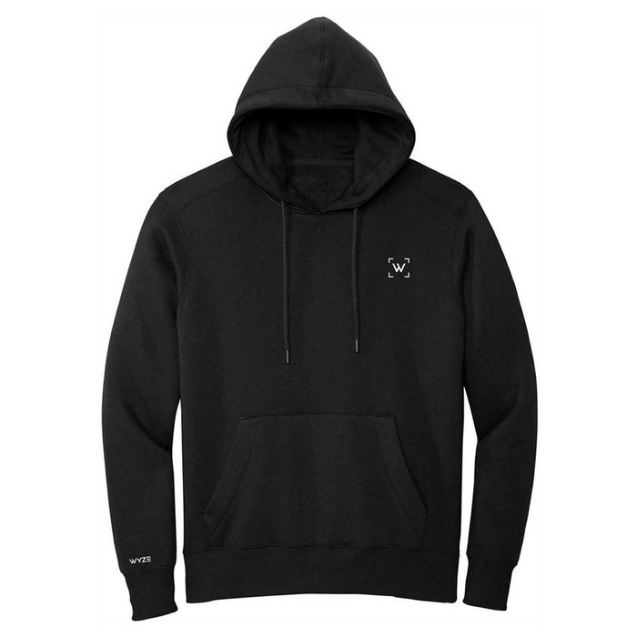 A black hoodie with a white logo on it.
