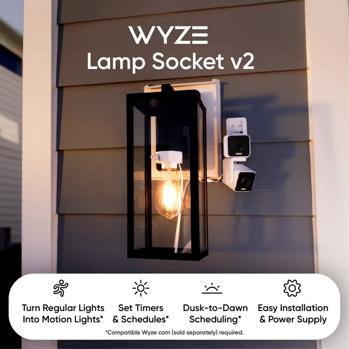 Wyze Lamp Socket v2: A black lamp socket with a white light bulb.