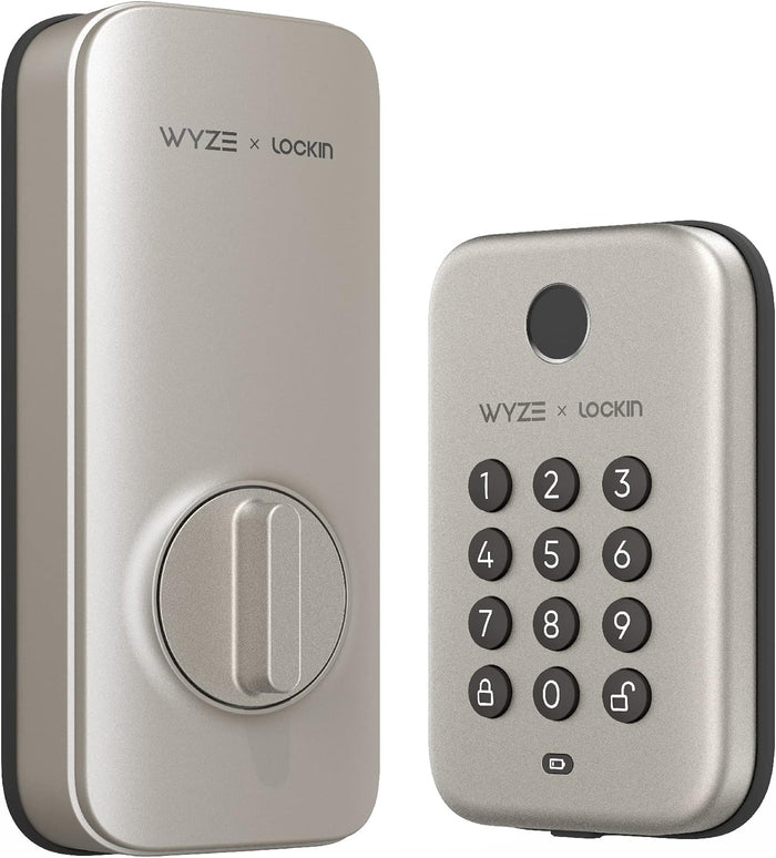 A silver smart lock with a keypad and a touch-free feature.
